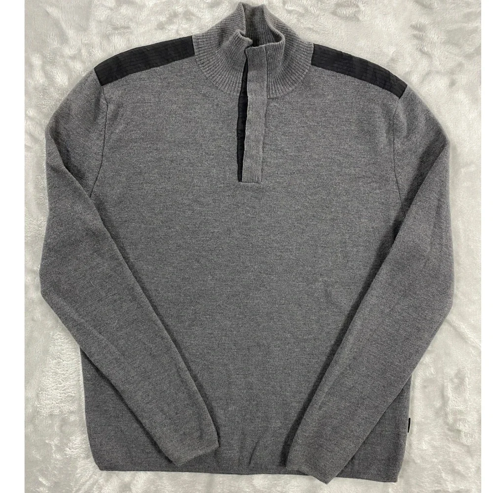 Boss Hugo Boss Quarter Zip Sweater Mens XL Gray Vintage 100% Virgin Wool Ribbed
